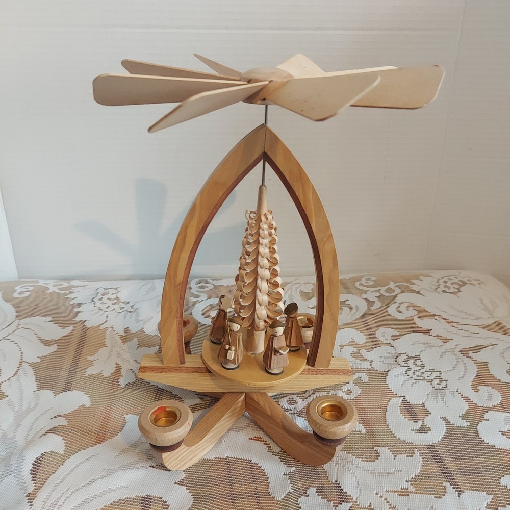 German Christmas Pyramid Carousel Wooden 4 Candle Rotating Carolers 10x7 Inch